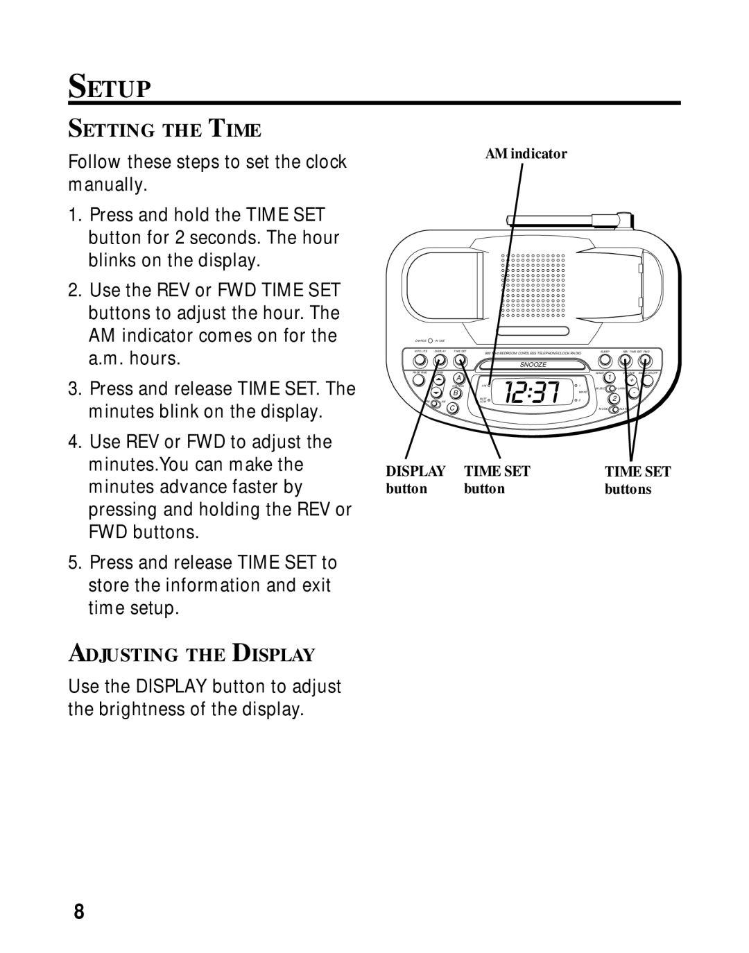 GE 26980, 26981 manual Setup, Setting the Time, Adjusting the Display 