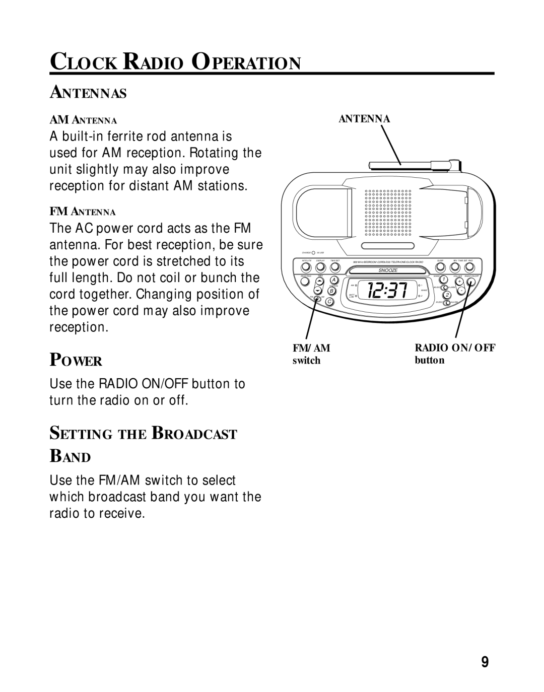 GE 26981, 26980 manual Clock Radio Operation, Antennas, Power, Setting the Broadcast Band 