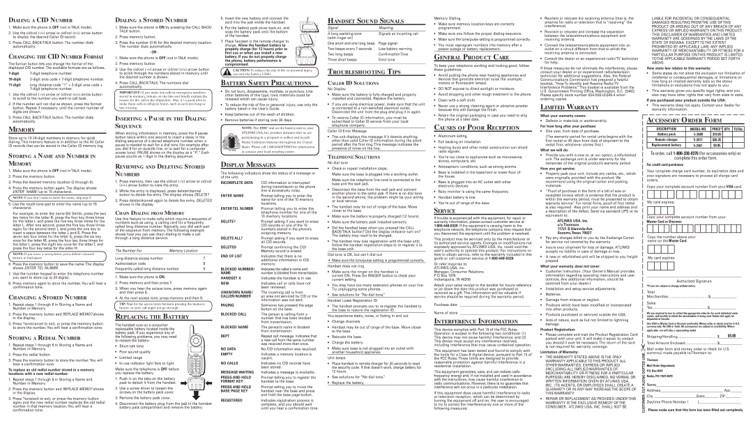 GE 26989 Memory, Battery Safety Precautions, Display Messages, Handset Sound Signals, Troubleshooting Tips, Service 