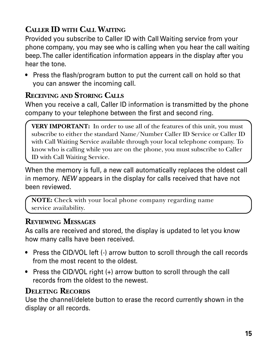 GE 26998 manual Caller ID with Call Waiting, Receiving and Storing Calls, Reviewing Messages, Deleting Records 