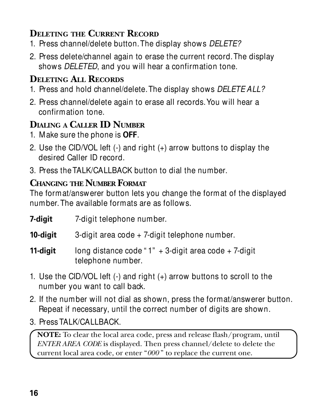 GE 26998 manual Deleting the Current Record, Deleting ALL Records, Dialing a Caller ID Number, Changing the Number Format 