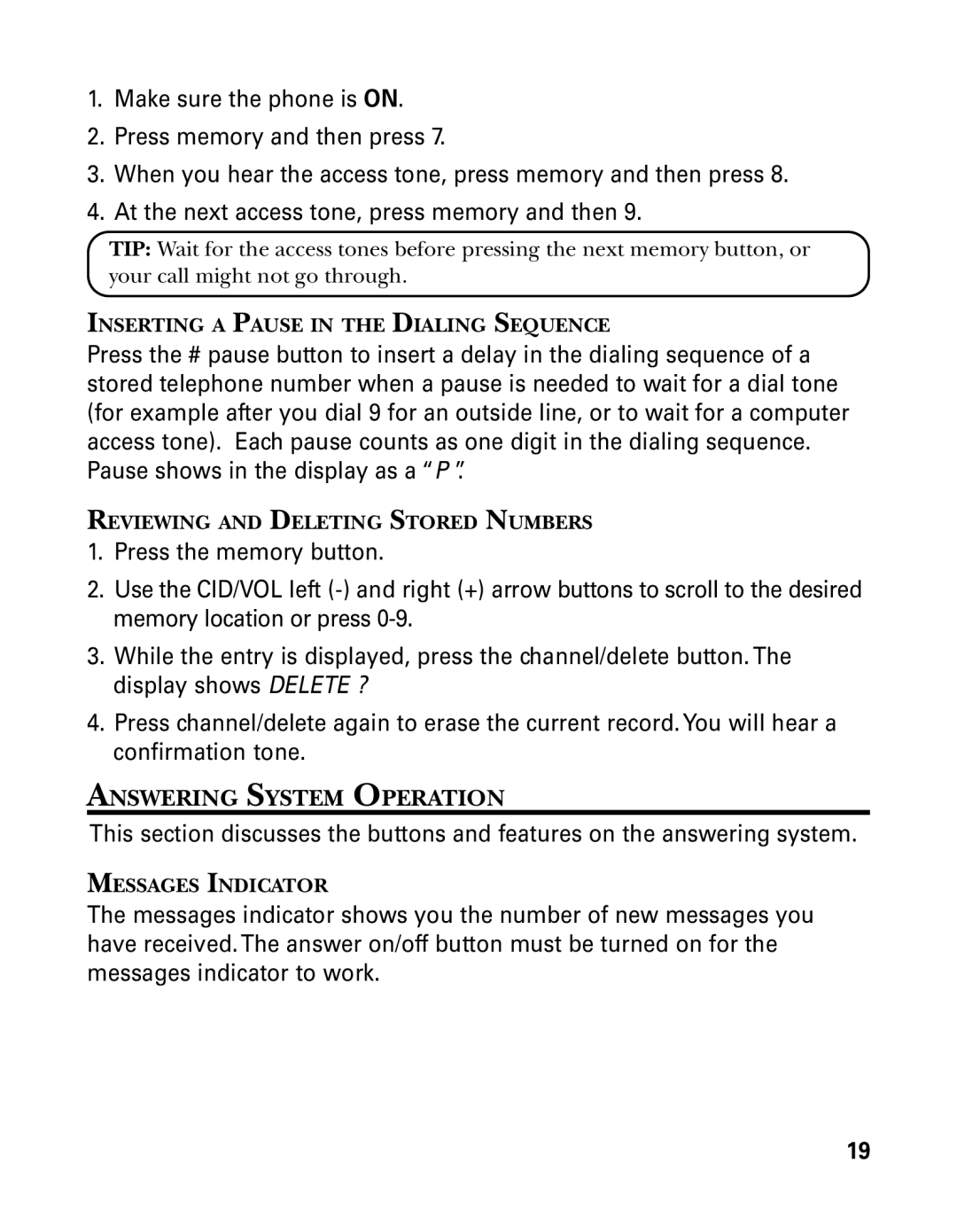 GE 26998 Answering System Operation, Inserting a Pause in the Dialing Sequence, Reviewing and Deleting Stored Numbers 