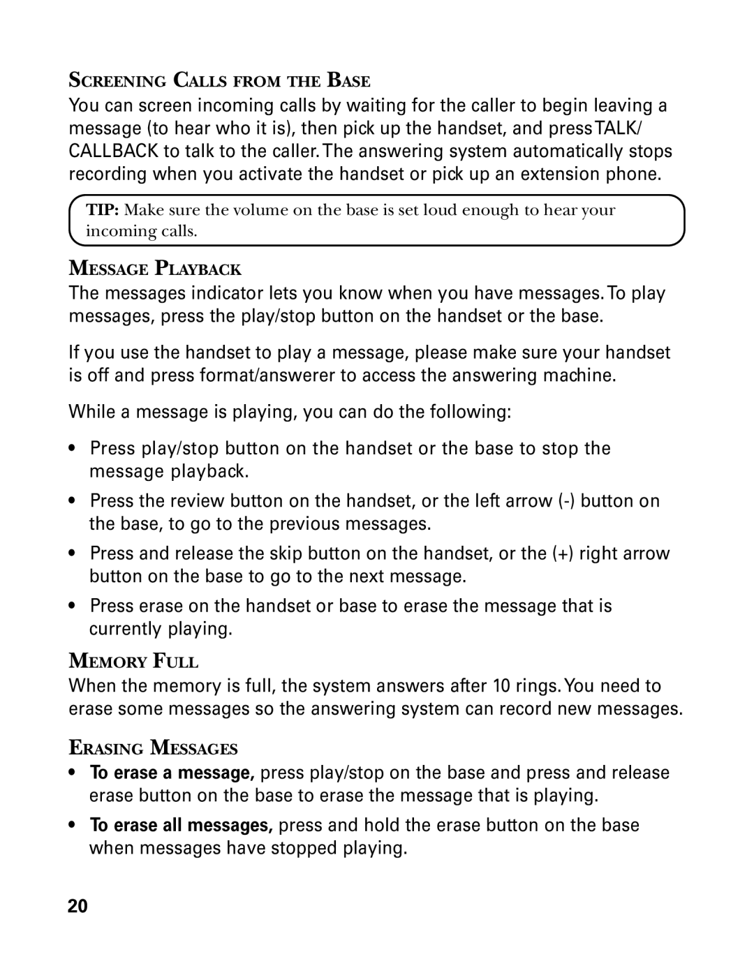 GE 26998 manual Screening Calls from the Base, Message Playback, Memory Full, Erasing Messages 