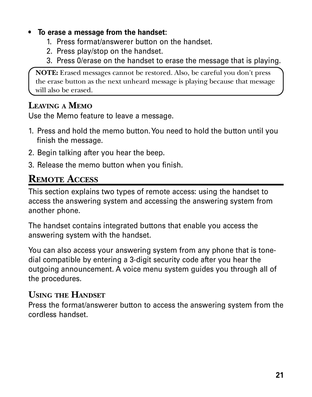 GE 26998 manual Remote Access, Leaving a Memo, Using the Handset 