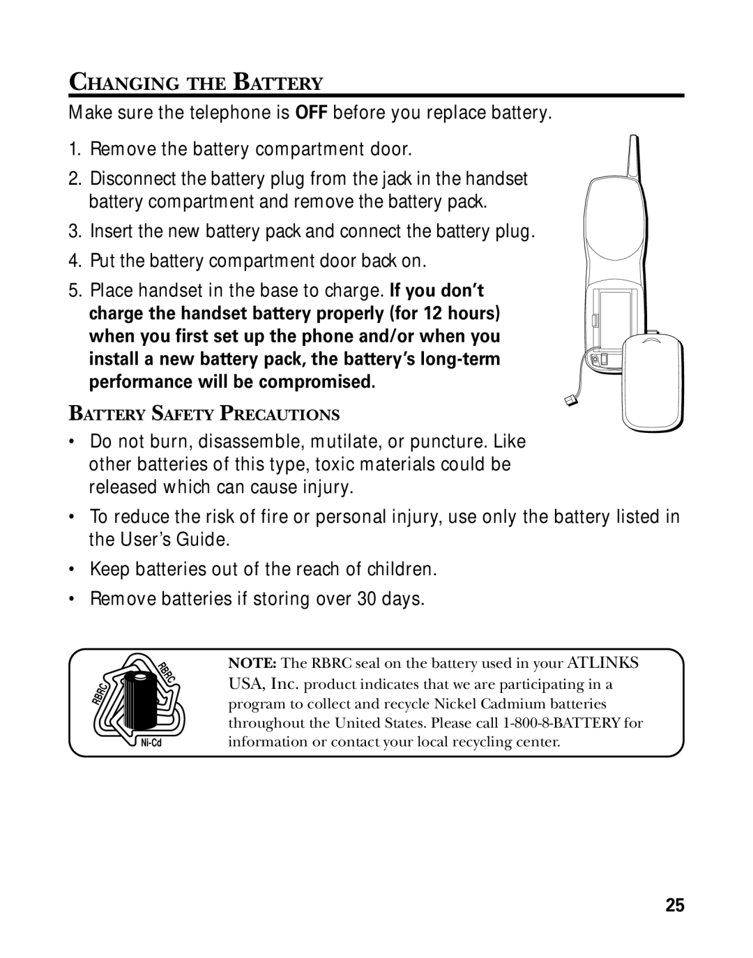 GE 26998 manual Changing the Battery, Battery Safety Precautions 