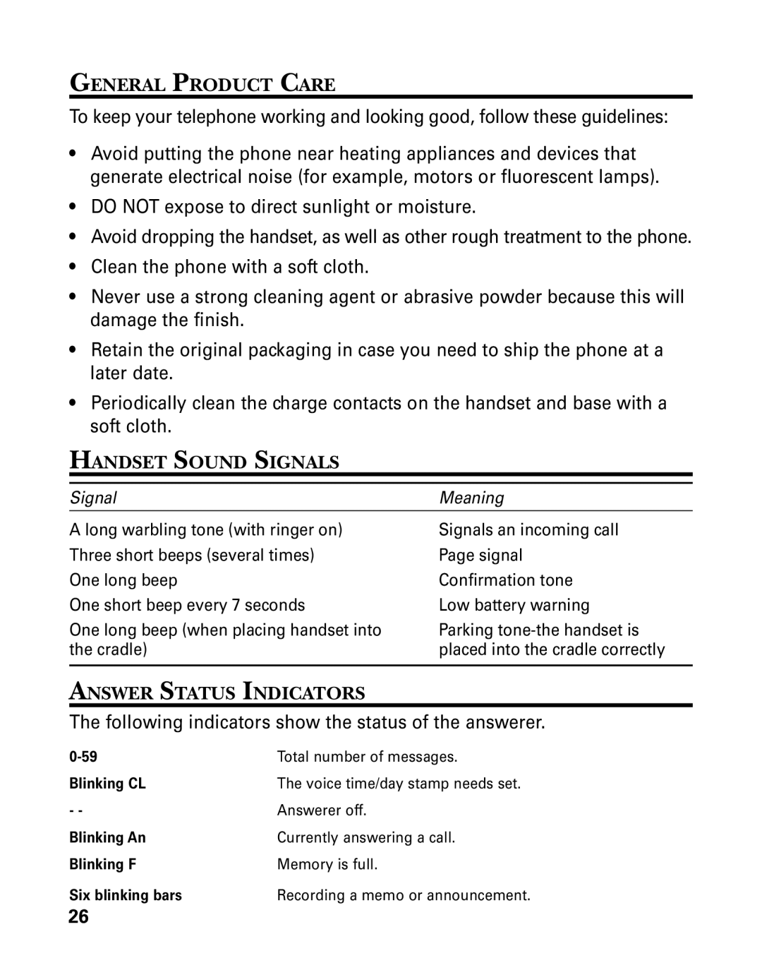 GE 26998 manual General Product Care, Handset Sound Signals, Answer Status Indicators 