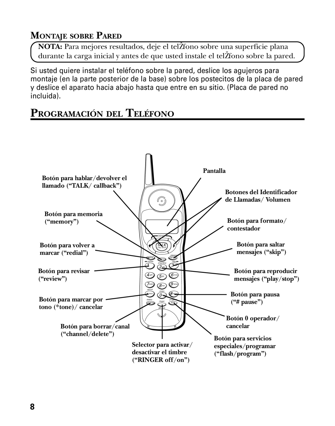 GE 26998 manual Programación DEL Teléfono, Montaje Sobre Pared 