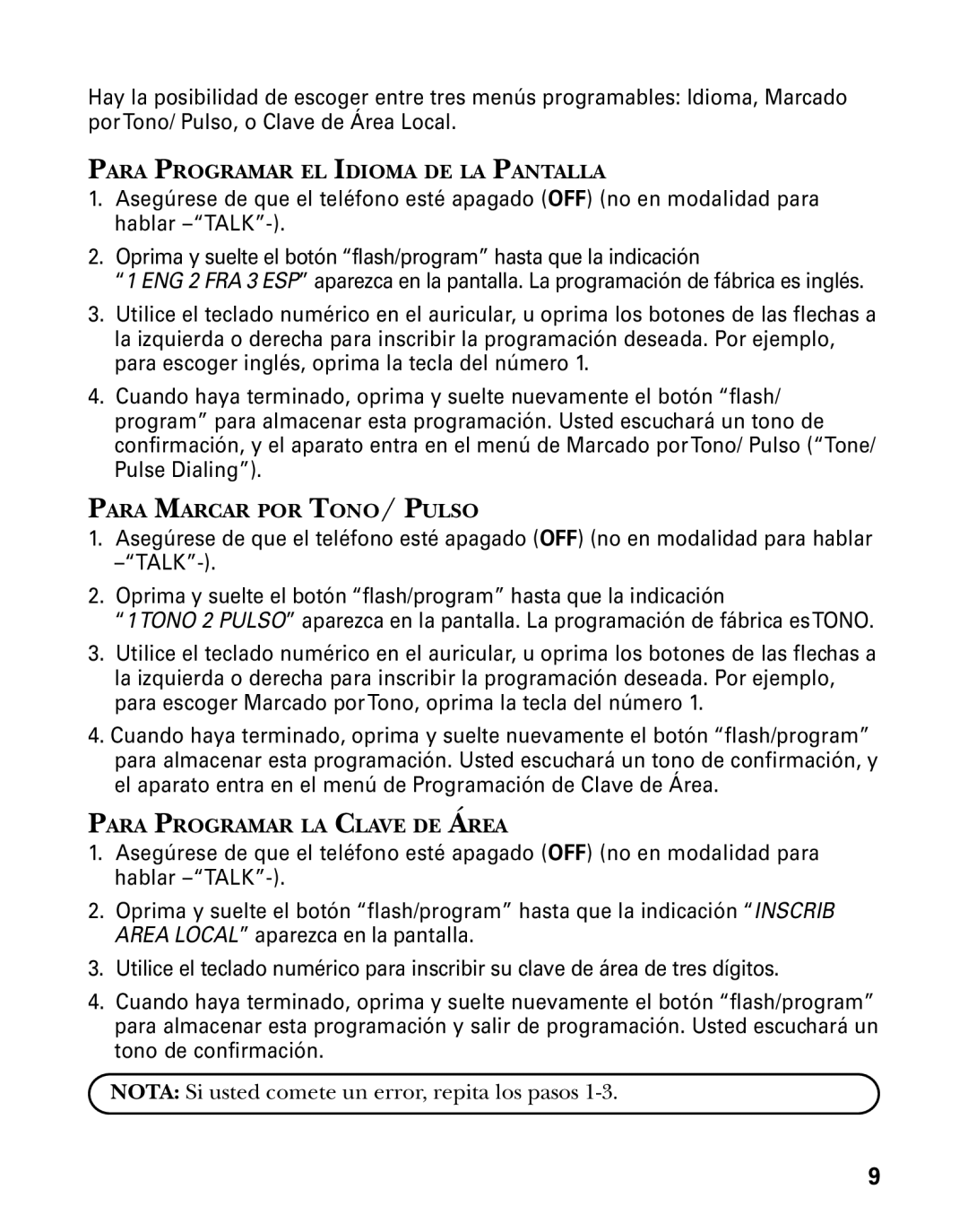 GE 26998 manual Para Programar EL Idioma DE LA Pantalla, Para Marcar POR TONO/ Pulso, Para Programar LA Clave DE Área 