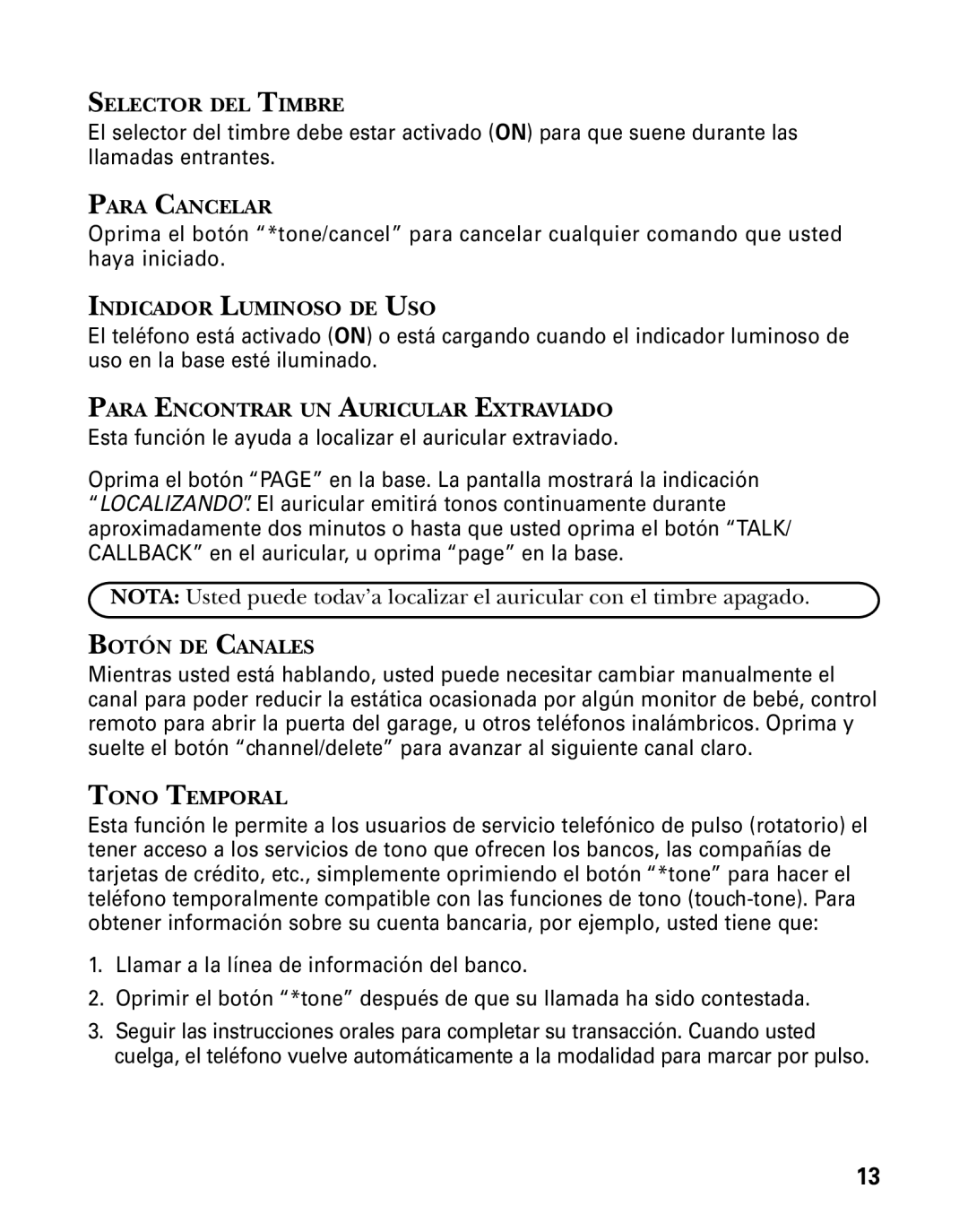 GE 26998 manual Selector DEL Timbre, Para Cancelar, Indicador Luminoso DE USO, Para Encontrar UN Auricular Extraviado 