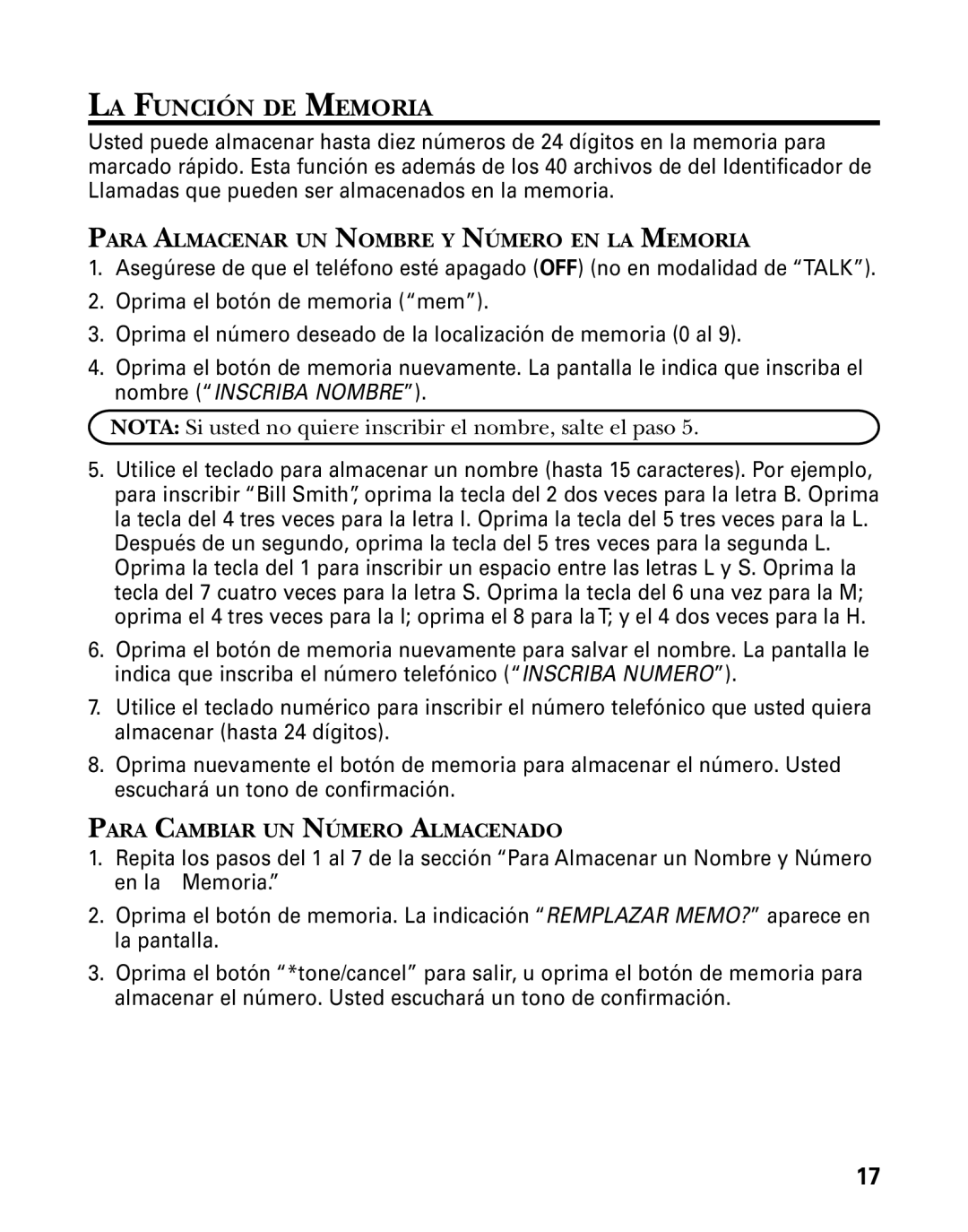 GE 26998 manual LA Función DE Memoria, Para Almacenar UN Nombre Y Número EN LA Memoria, Para Cambiar UN Número Almacenado 