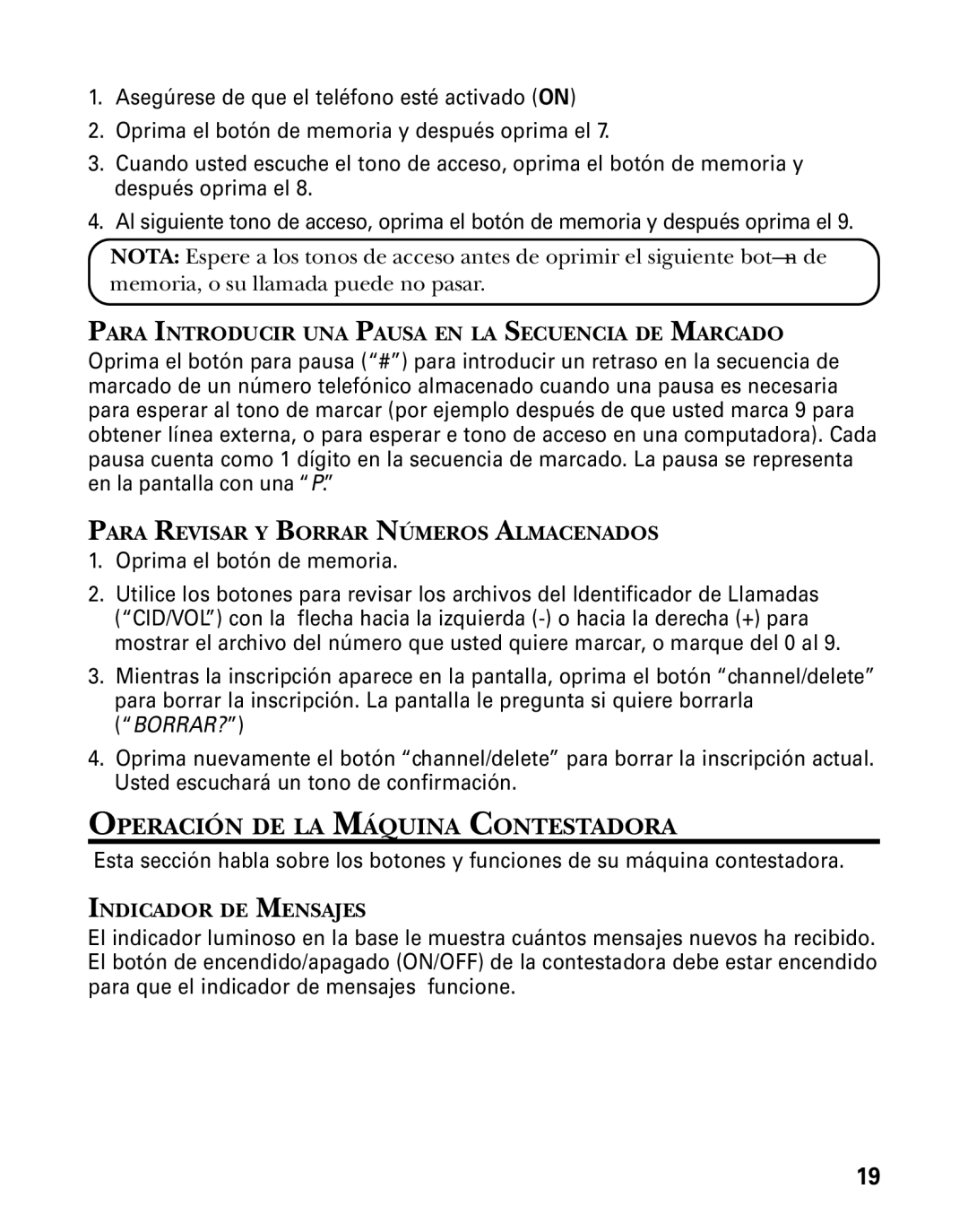 GE 26998 manual Para Introducir UNA Pausa EN LA Secuencia DE Marcado, Para Revisar Y Borrar Números Almacenados 