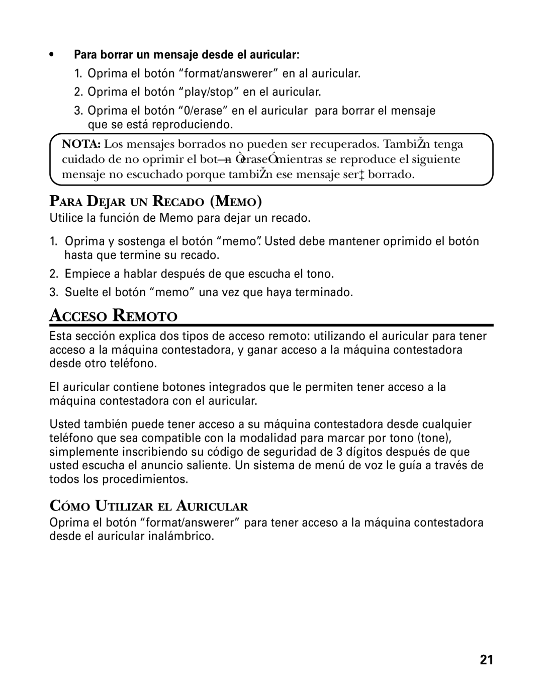 GE 26998 manual Acceso Remoto, Para Dejar UN Recado Memo, Cómo Utilizar EL Auricular 