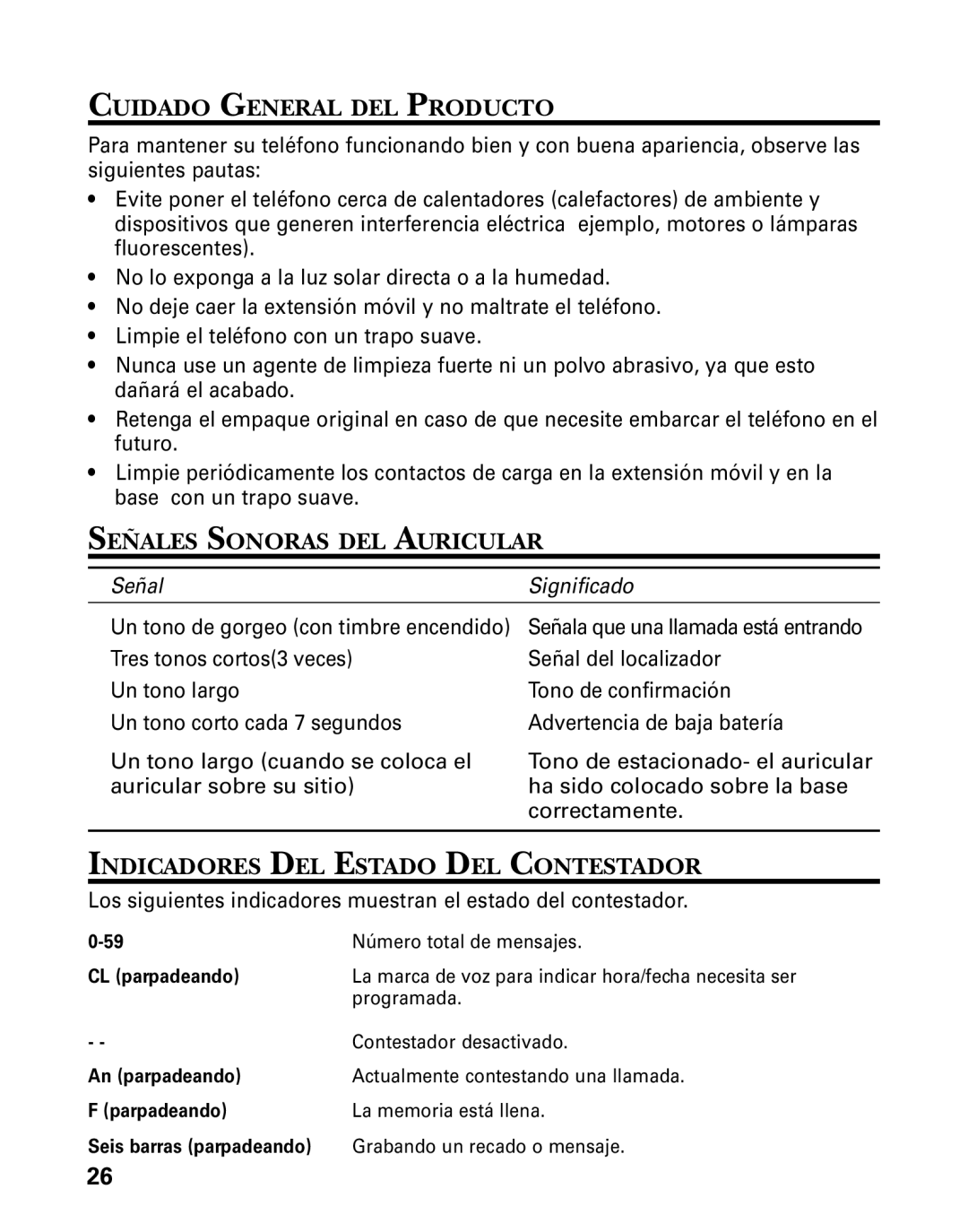 GE 26998 manual Cuidado General DEL Producto, Señales Sonoras DEL Auricular, Indicadores DEL Estado DEL Contestador 