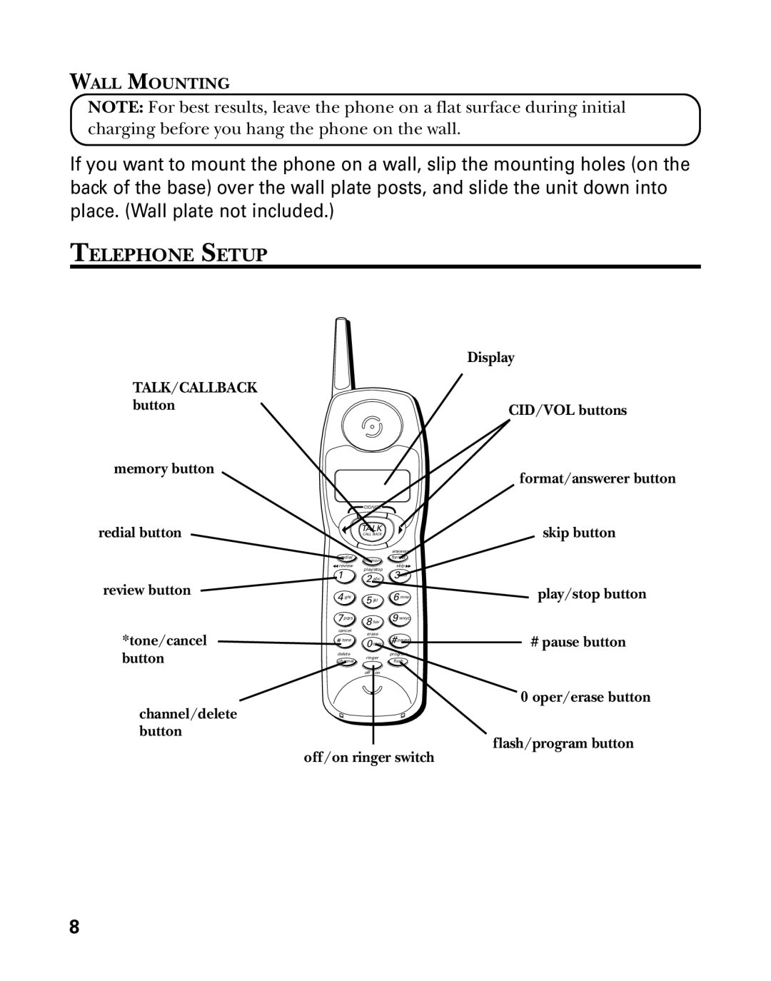 GE 26998 manual Telephone Setup, Wall Mounting, Talk/Callback 