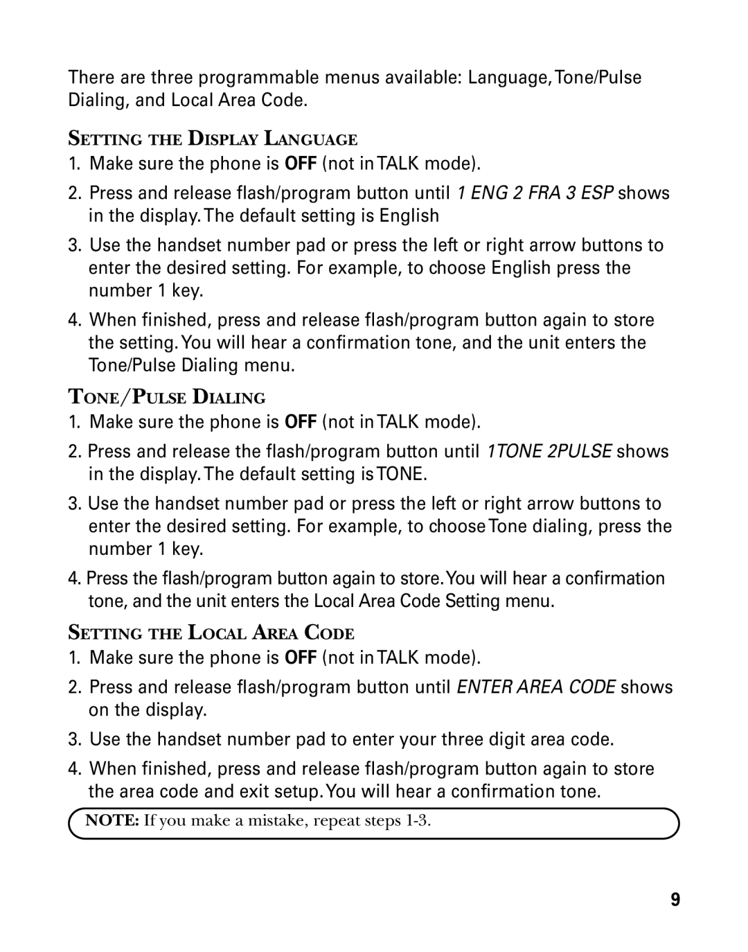 GE 26998 manual Setting the Display Language, TONE/PULSE Dialing, Setting the Local Area Code 