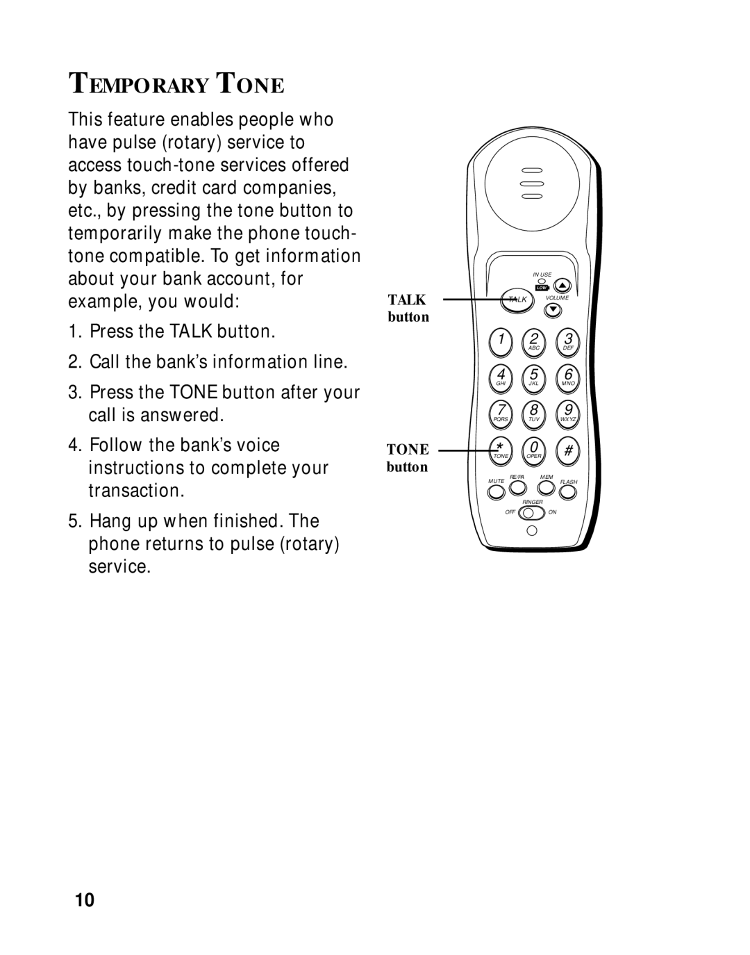 GE 27700 manual Temporary Tone, Tone button 