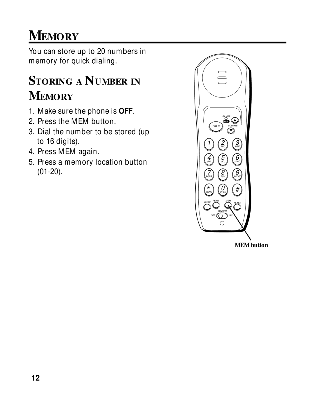 GE 27700 manual Storing a Number Memory 