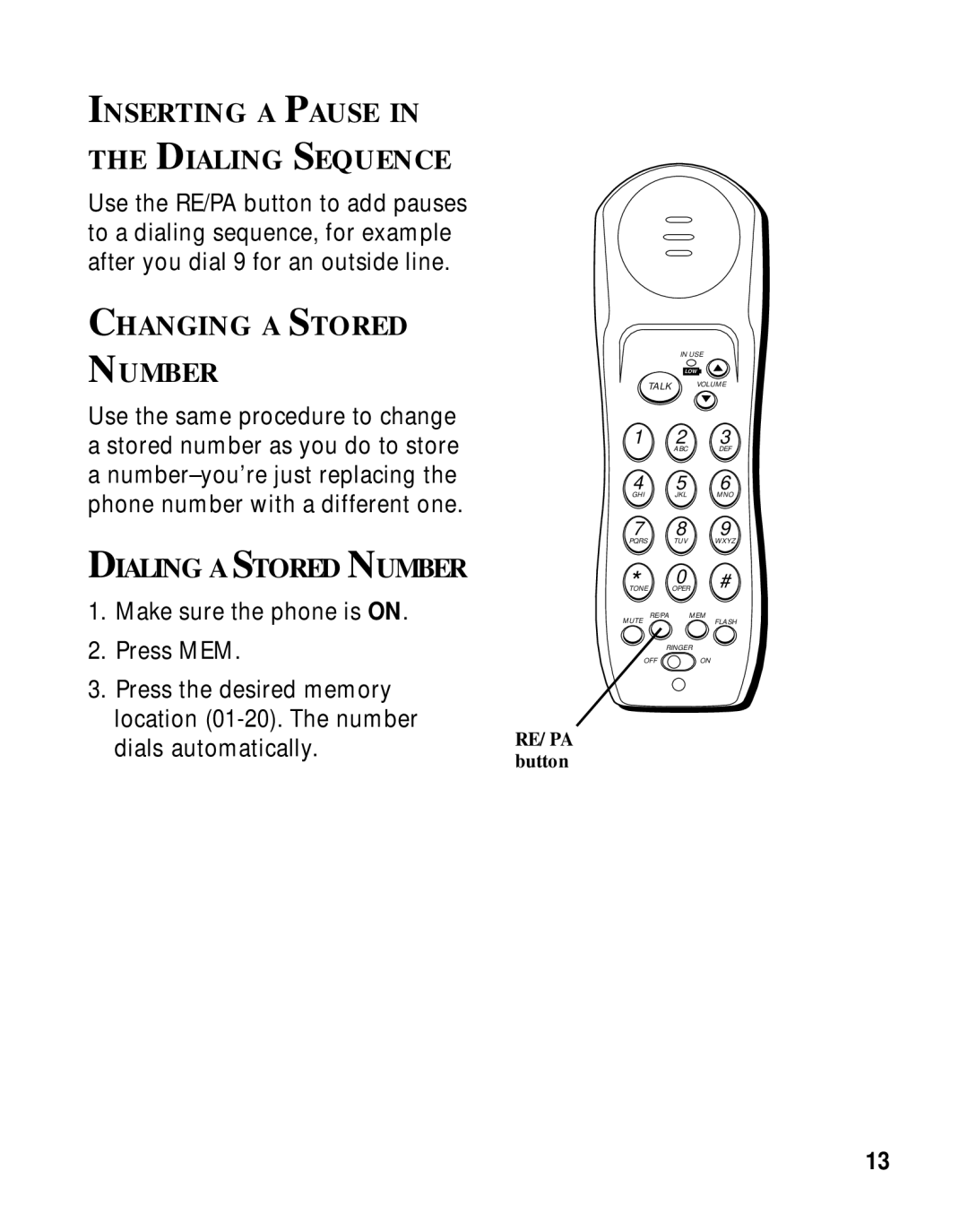 GE 27700 manual Inserting a Pause Dialing Sequence, Changing a Stored Number, Dialing a Stored Number 