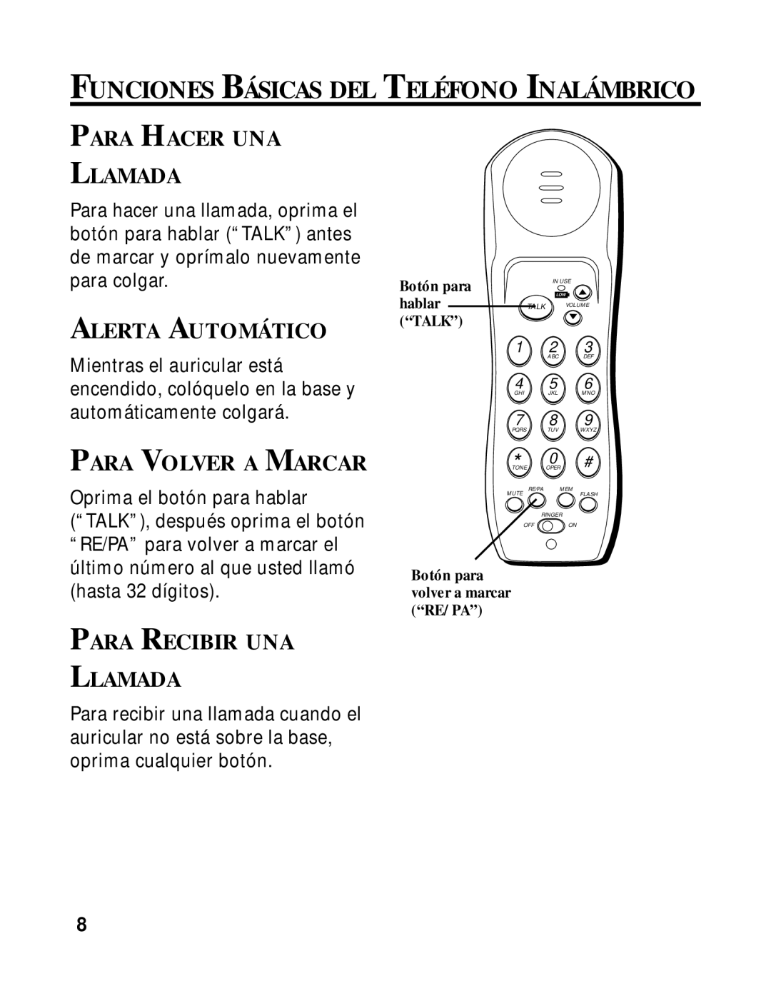 GE 27700 manual Funciones Básicas DEL Teléfono Inalámbrico, Para Hacer UNA Llamada, Alerta Automático, Para Volver a Marcar 