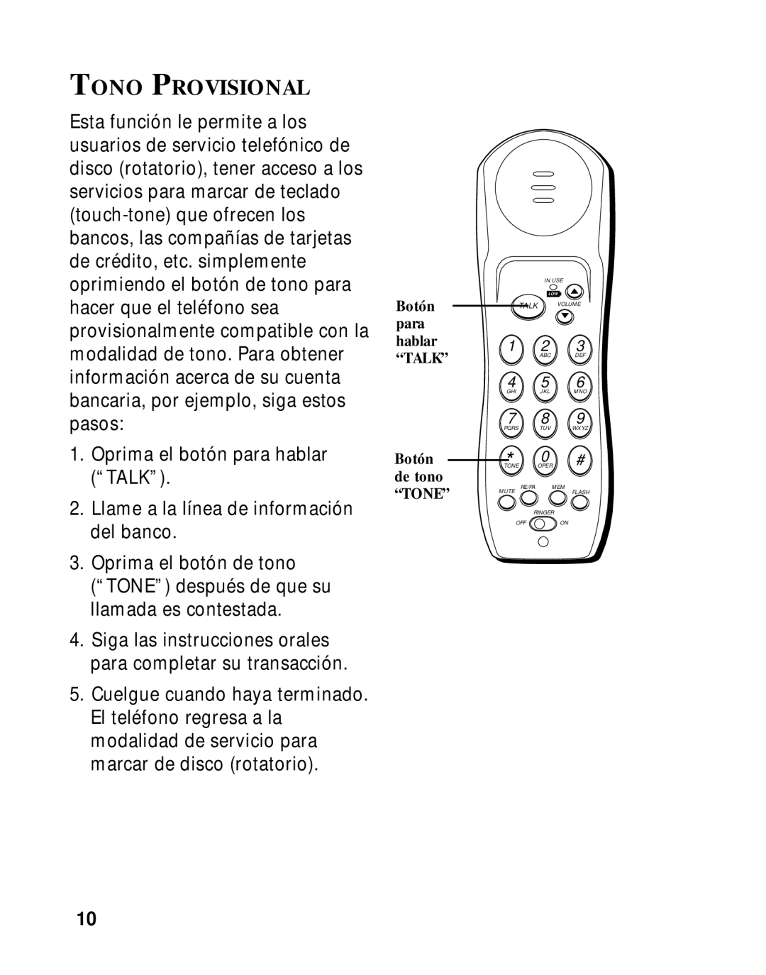 GE 27700 manual Tono Provisional, Botón para hablar Talk Botón de tono Tone 