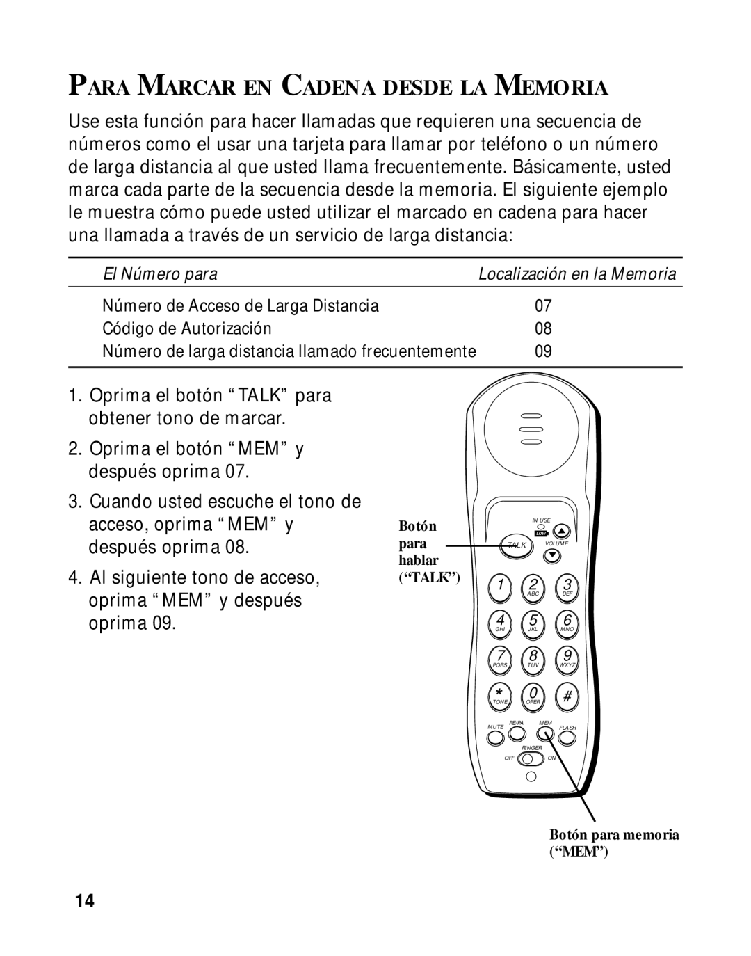 GE 27700 manual Para Marcar EN Cadena Desde LA Memoria, Hablar Talk 