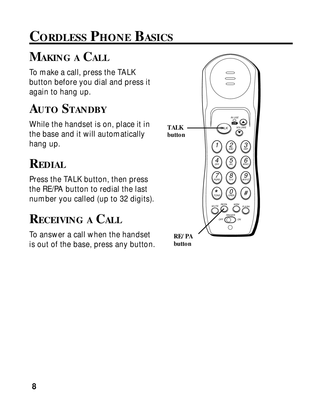 GE 27700 manual Cordless Phone Basics, Making a Call, Auto Standby, Redial, Receiving a Call 