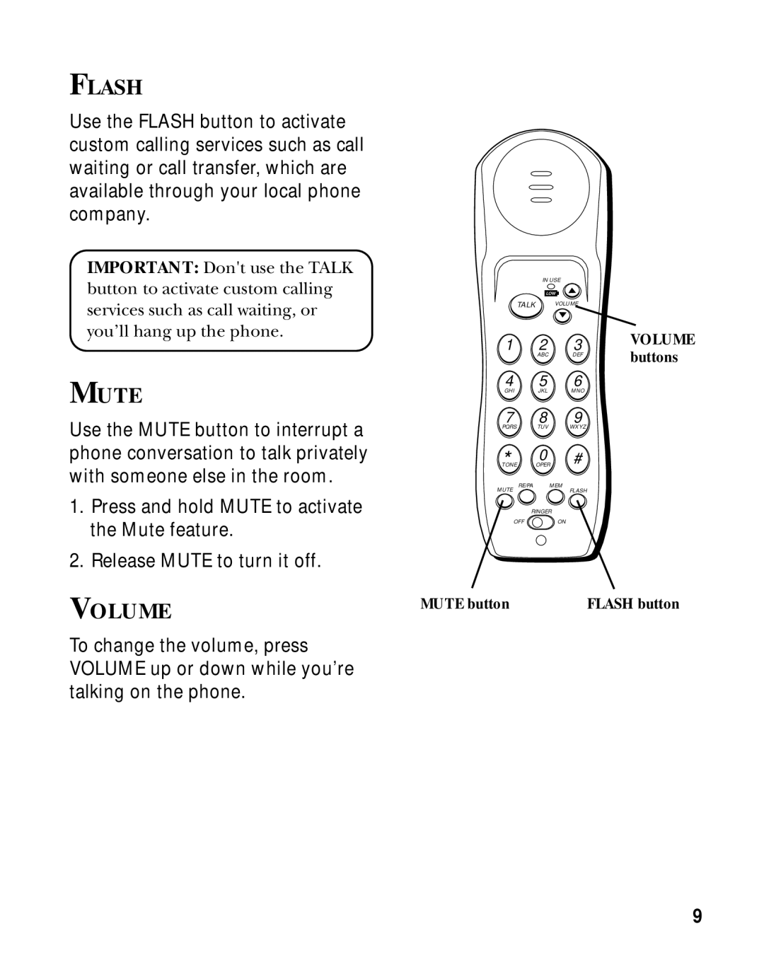 GE 27700 manual Flash, Mute, Volume 