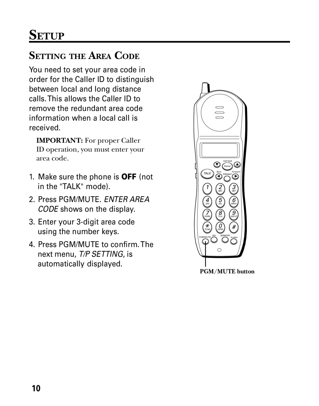 GE 27730 manual Setup, Setting the Area Code 