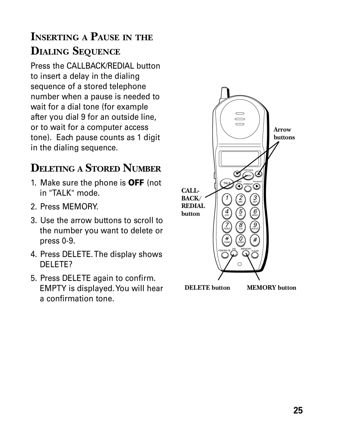 GE 27730 manual Inserting a Pause Dialing Sequence, Deleting a Stored Number 