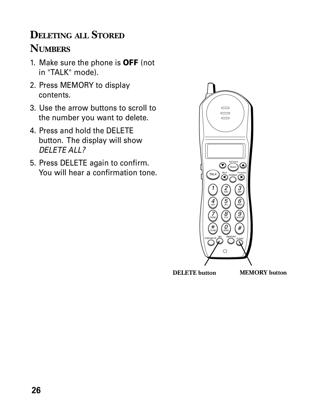 GE 27730 manual Deleting ALL Stored Numbers, Delete ALL? 