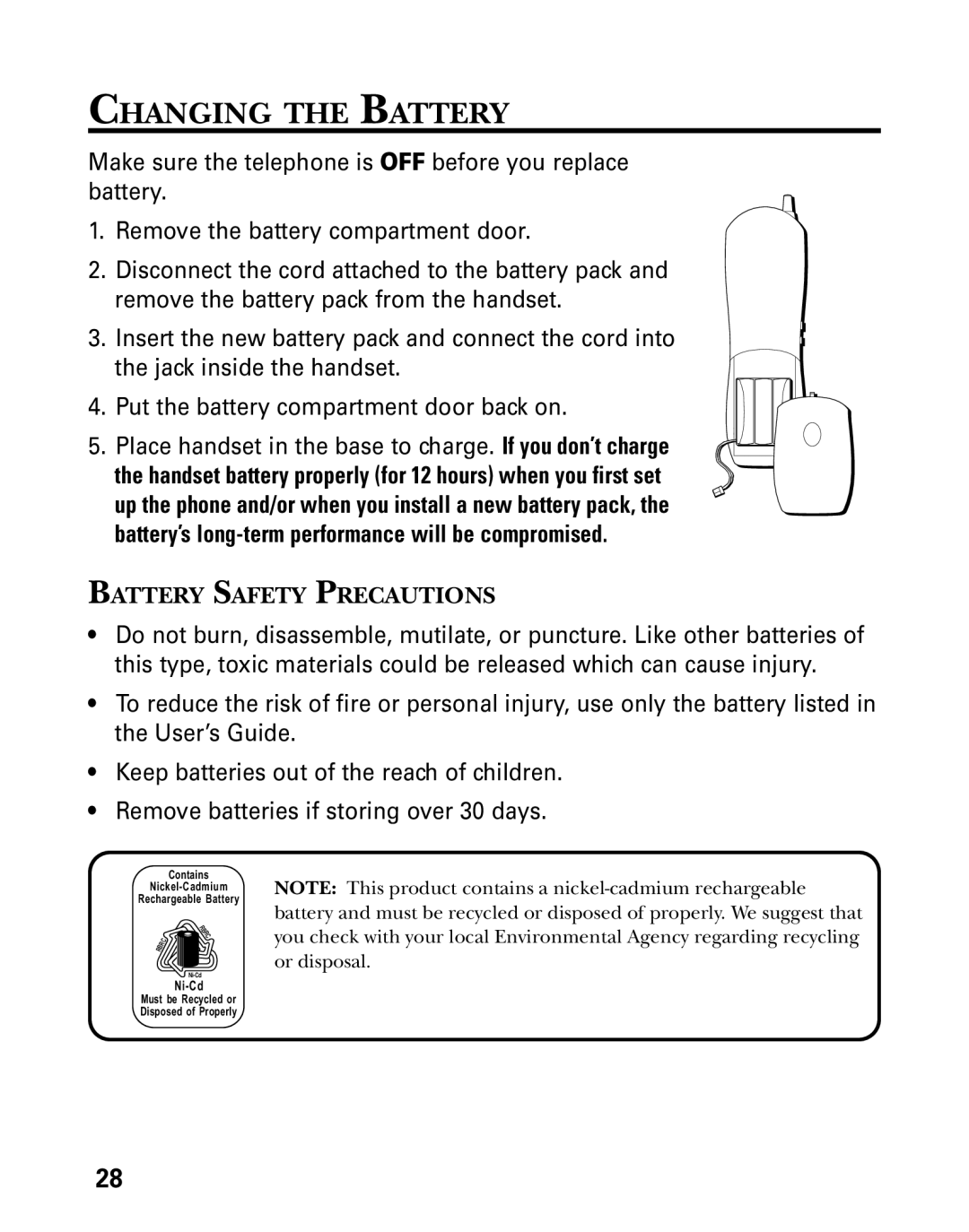 GE 27730 manual Changing the Battery, Battery Safety Precautions 