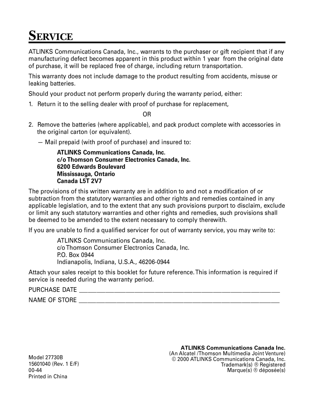 GE 27730 manual Service, Atlinks Communications Canada Inc 