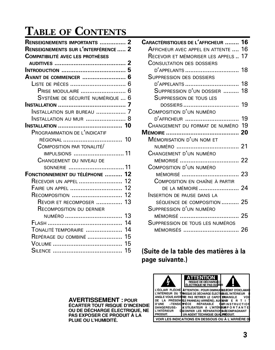 GE 27730 manual Suite de la table des matières à la page suivante 