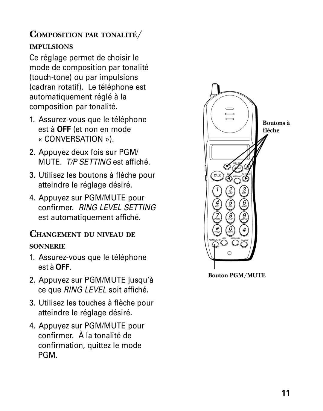 GE 27730 manual Appuyez deux fois sur PGM/ MUTE. T/P Setting est affiché 