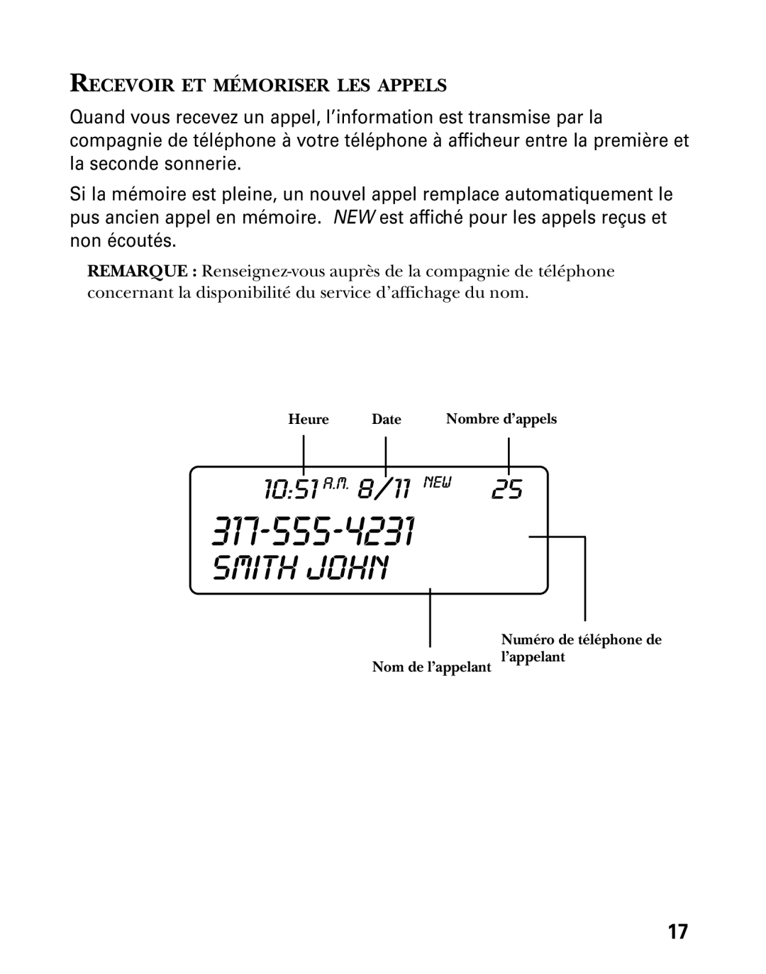 GE 27730 manual Recevoir ET Mémoriser LES Appels 