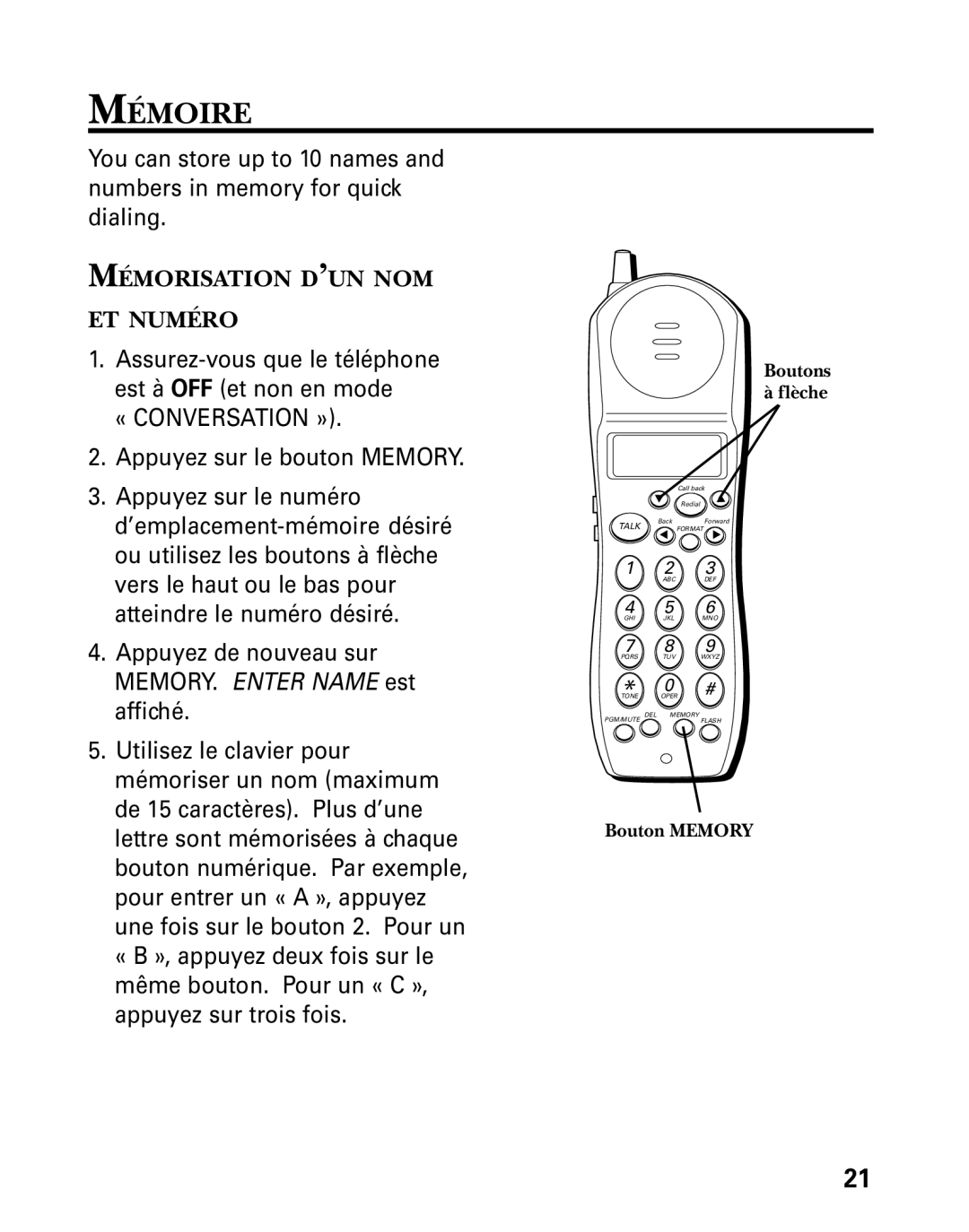 GE 27730 manual Mémoire, Mémorisation D’UN NOM ET Numéro 