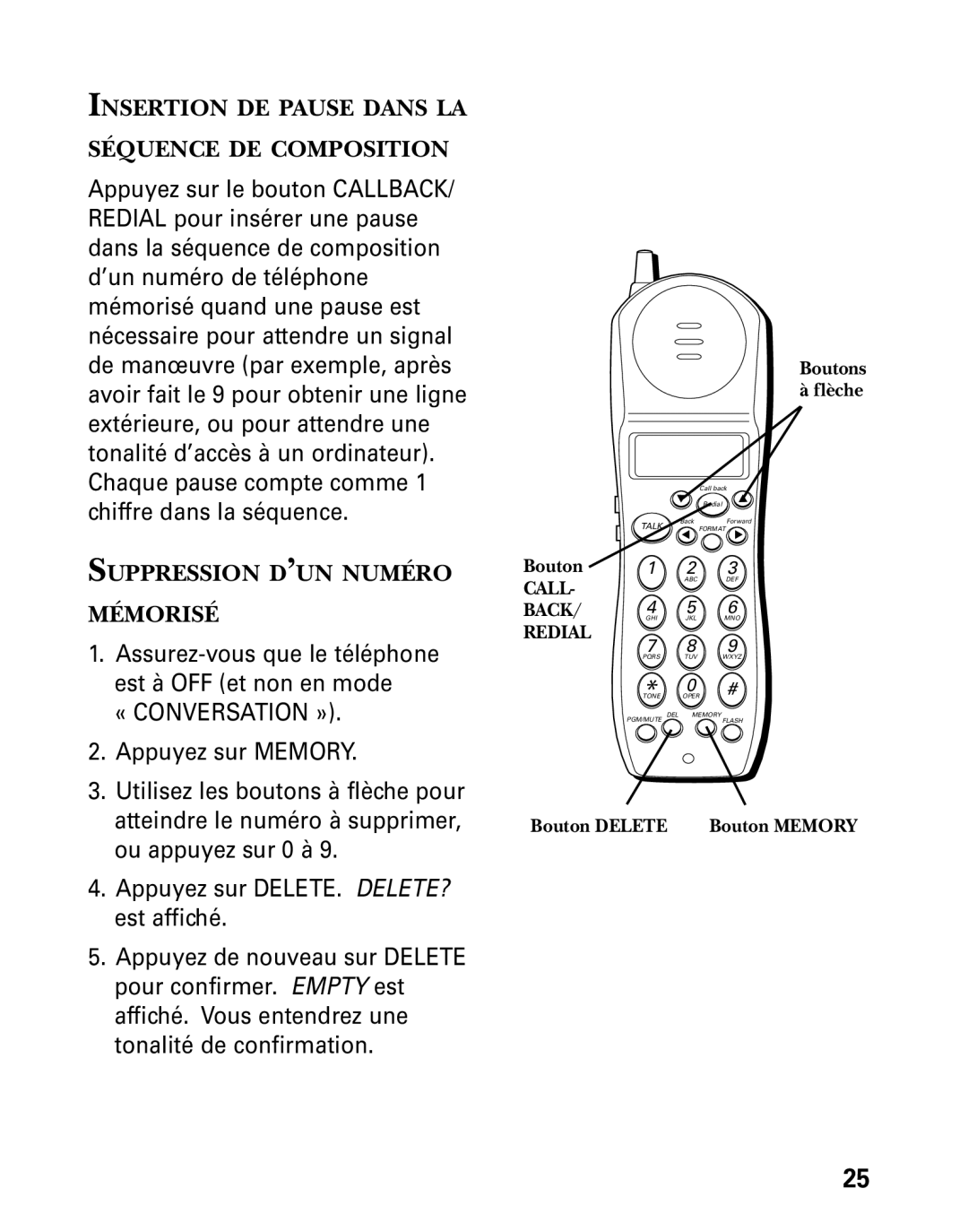 GE 27730 manual Insertion DE Pause Dans LA Séquence DE Composition, Suppression D’UN Numéro Mémorisé 