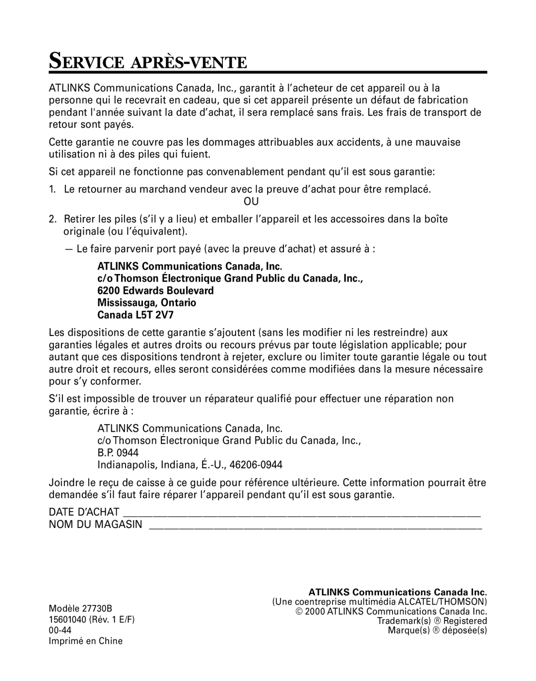 GE 27730 manual Service APRÈS-VENTE 