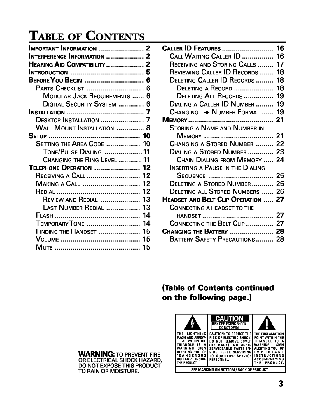 GE 27730 Table Of Contents, Table of Contents continued on the following page, Important Information, Caller Id Features 