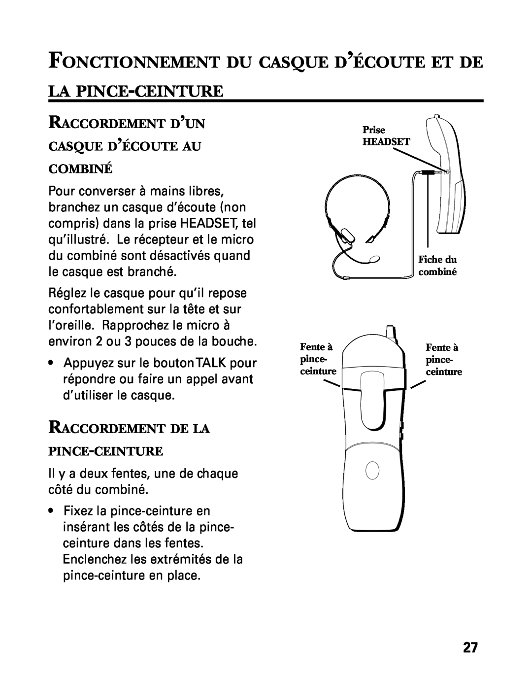 GE 27730 manual Fonctionnement Du Casque D’Écoute Et De La Pince-Ceinture, Raccordement D’Un Casque D’Écoute Au Combiné 