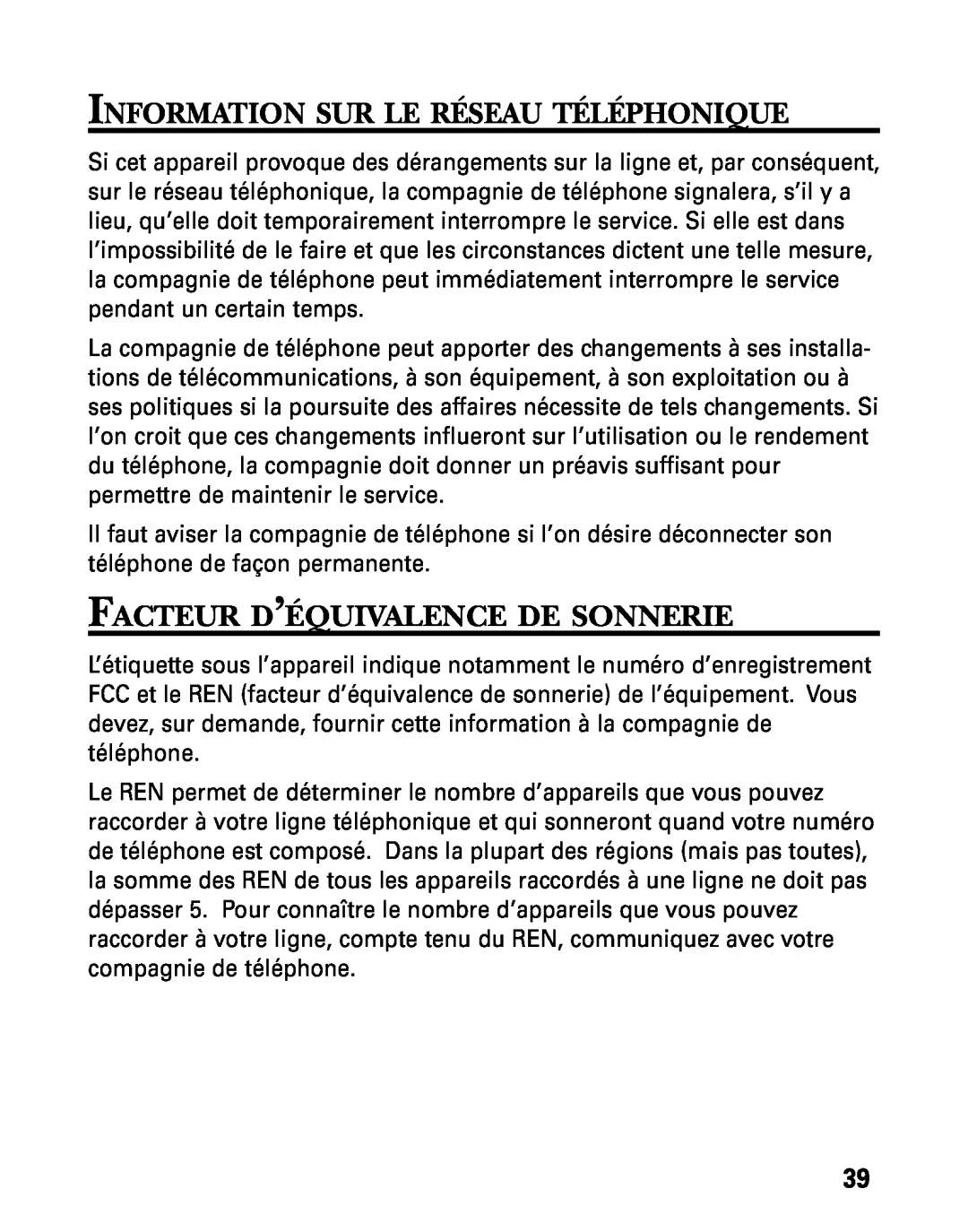GE 27730 manual Information Sur Le Réseau Téléphonique, Facteur D’Équivalence De Sonnerie 