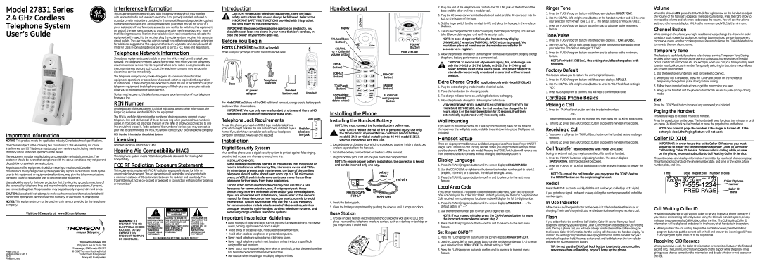 GE important safety instructions Model 27831 Series, GHz Cordless, Telephone System, User’s Guide 