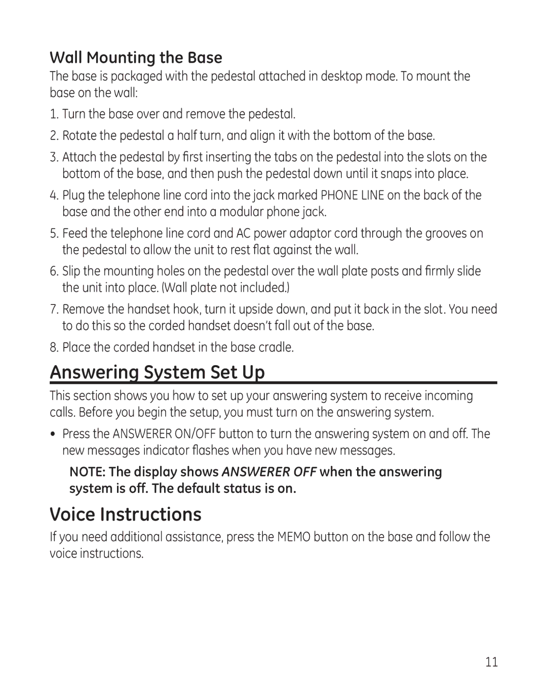 GE 27881 manual Answering System Set Up, Voice Instructions, Wall Mounting the Base 