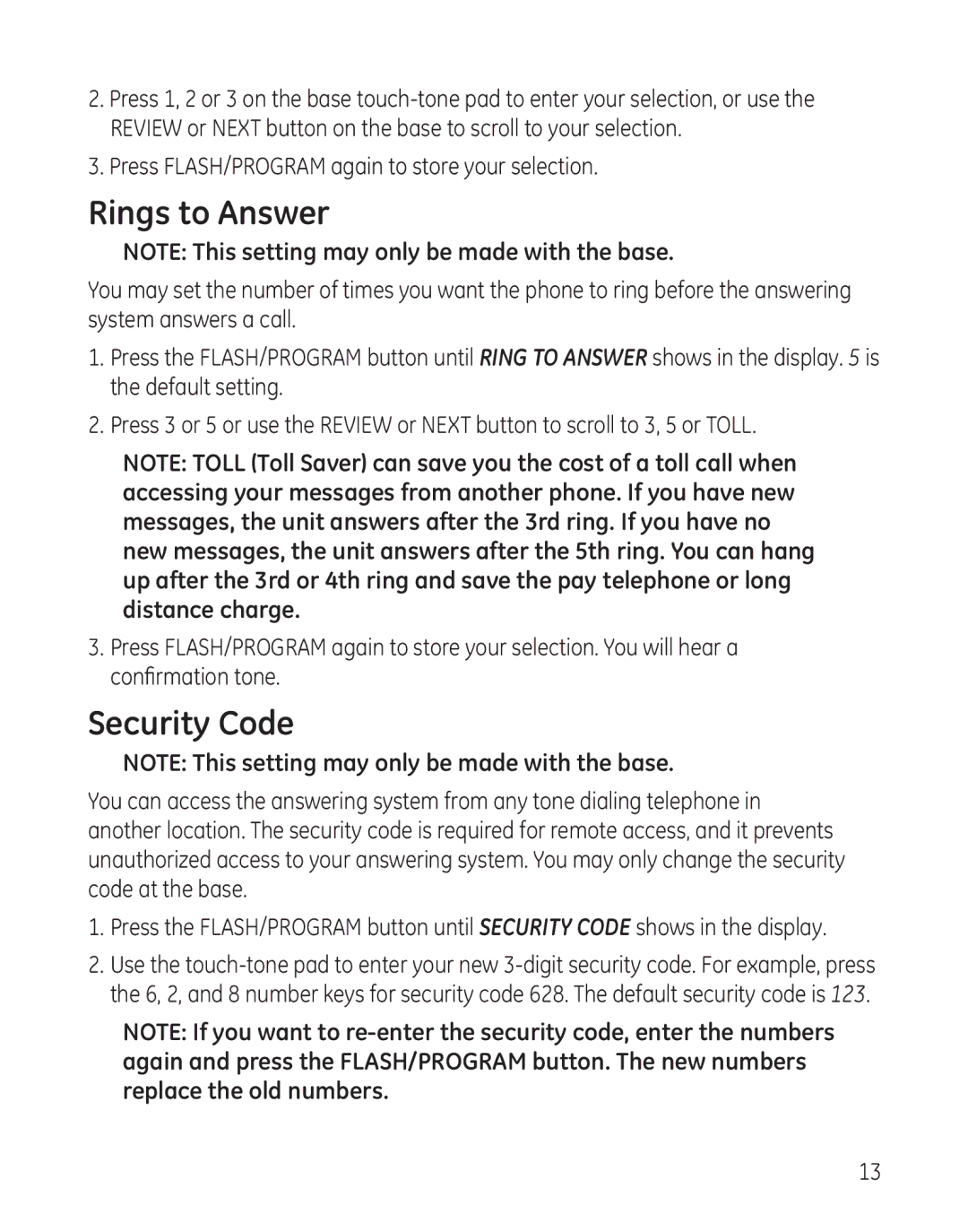 GE 27881 manual Rings to Answer, Security Code 