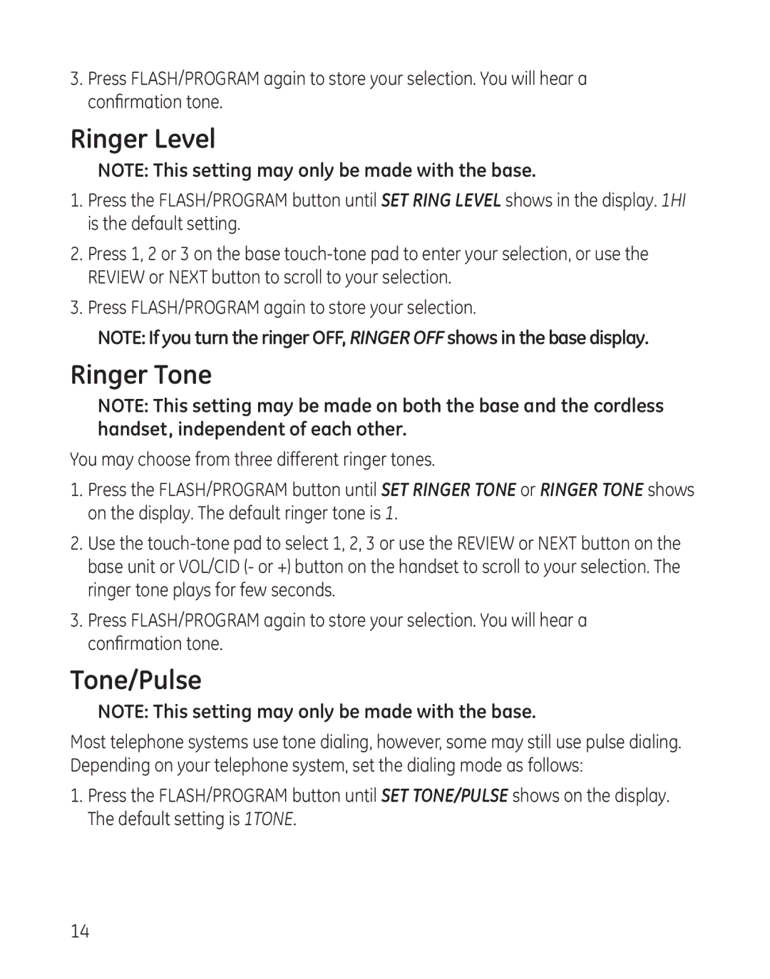 GE 27881 manual Ringer Level, Ringer Tone, Tone/Pulse 