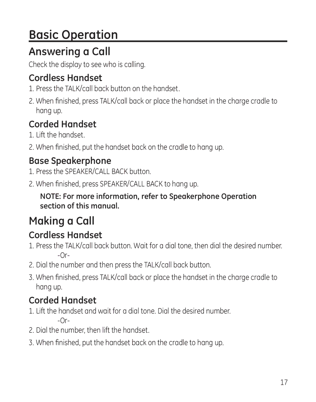 GE 27881 manual Basic Operation, Answering a Call, Making a Call 