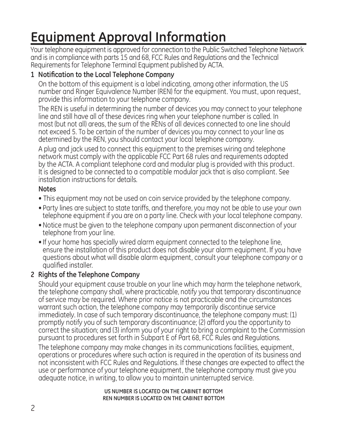 GE 27881 Equipment Approval Information, Notification to the Local Telephone Company, Rights of the Telephone Company 