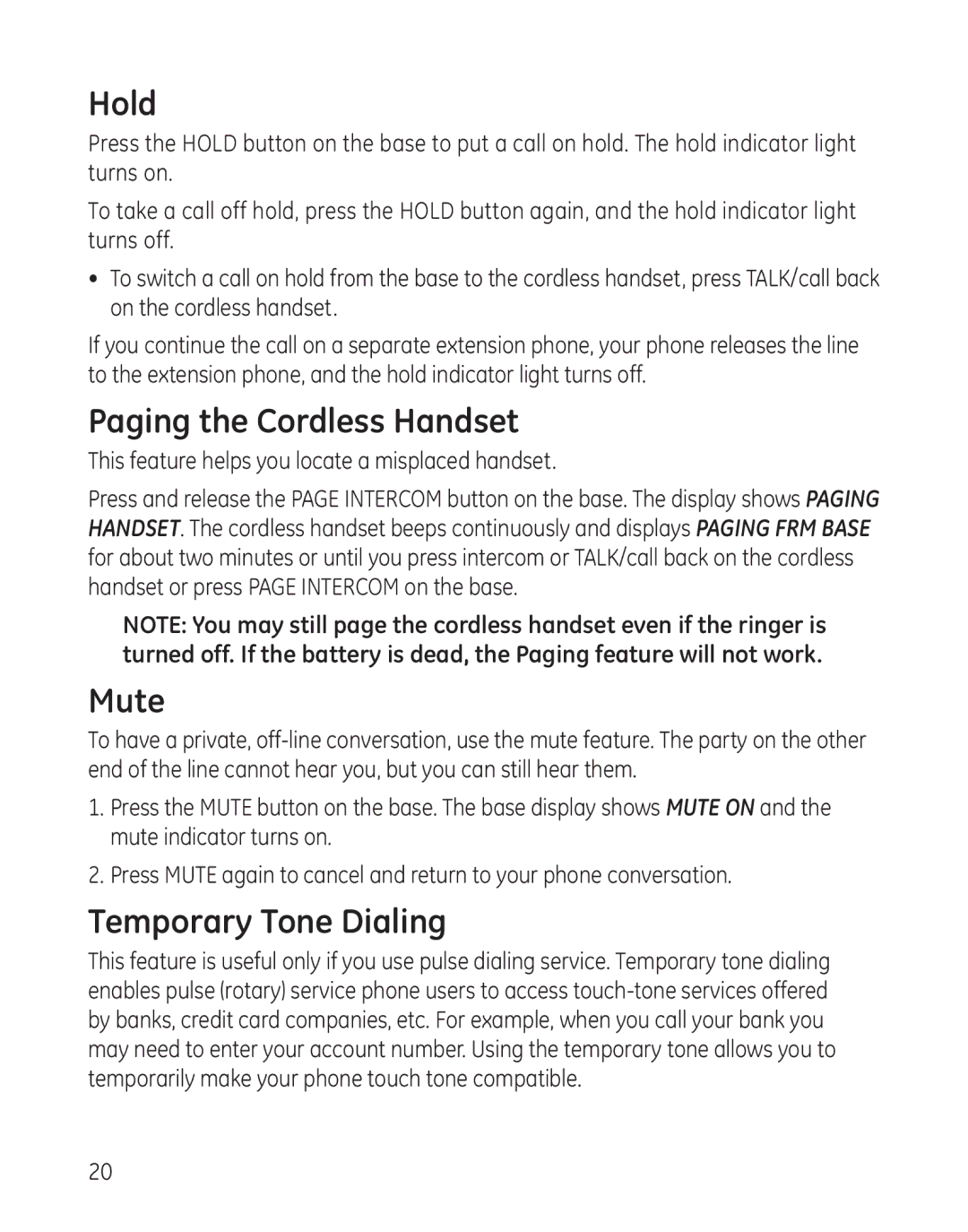 GE 27881 manual Hold, Paging the Cordless Handset, Mute, Temporary Tone Dialing 