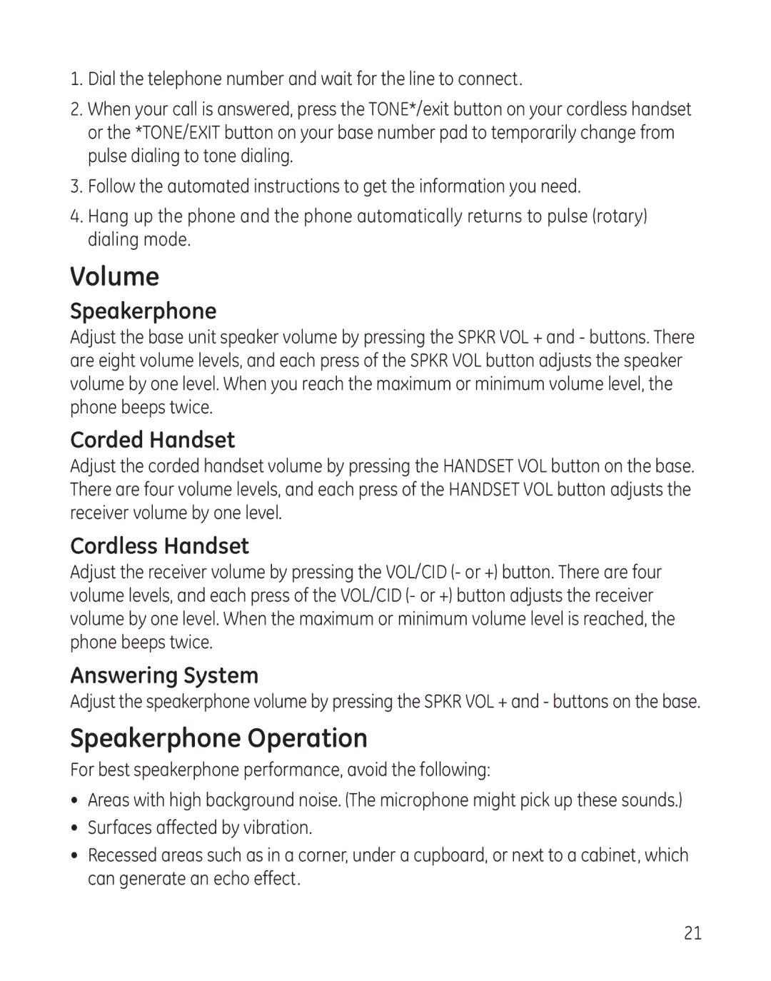 GE 27881 manual Volume, Speakerphone Operation, Answering System 