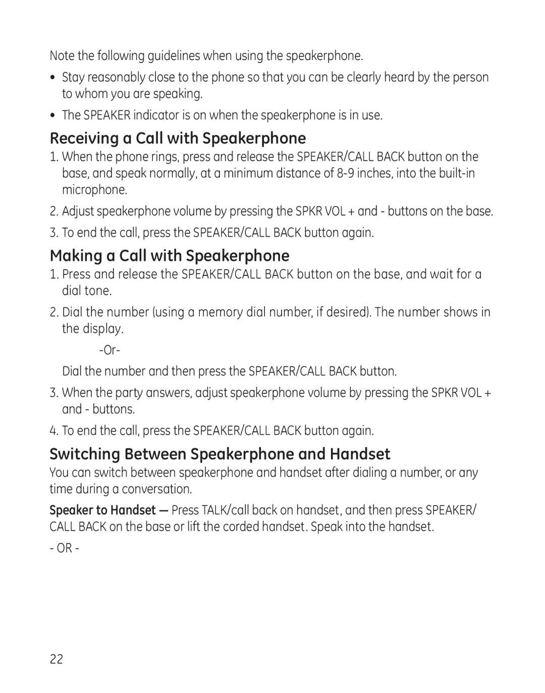 GE 27881 Receiving a Call with Speakerphone, Making a Call with Speakerphone, Switching Between Speakerphone and Handset 